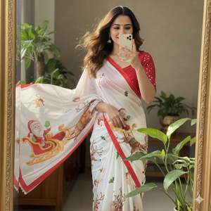 Nuevo Sari de Seda Chinon Suave de Diseño Indio para Mujer con Hermoso Estampado Navideño para Bodas y Fiestas, en Existencia - Product Image 4