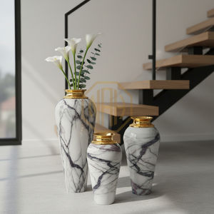 Vase à fleurs en fer pour le sol, style côtier classique, vase décoratif en émail blanc marbré pour la maison et les restaurants - Product Image 2