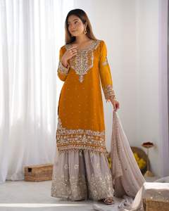 Traje Sharara bordado multicolor de seda de Chinon de diseñador listo para la boda con Choli Salwar Kameez para adultos - Product Image 1