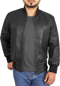 Chaqueta de Cuero para Hombre - Estilo Bomber con Canalé, Chaqueta de Cuero de Cordero Auténtico, Estilo Casual y Motero - Product Image 5