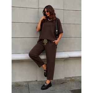 Ensemble deux pièces pour femme, chemisier à manches courtes et col rond en viscose à deux fils et pantalon, 37758 - Café - Product Image 1