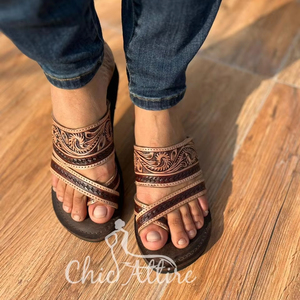 Real Handmade Genuine Women Western Stylish Tooled <b>Leather</b> Casual Outdoor Flipflop Flat Flower Footwear Open Brown Toe Sandals - Product Image 1