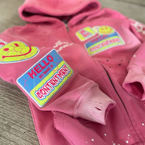 OEM personalizado de moda desgastado todo impreso salpicaduras de pintura bordado Patchwork Zip up Sudadera con capucha de los hombres - Product Image 6