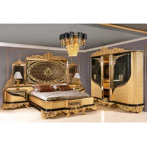 Turkish Middle East Eastern Luxury Antique Royal Hand Carved Bedroom Furniture Meuble Five Pieces Black Gold African American