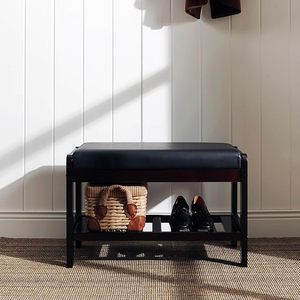 Banc à chaussures en bois avec siège en cuir, organisateur d'entrée gain de place - Product Image 3