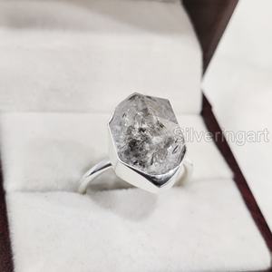 แหวนหินดิบสำหรับผู้หญิง แหวนเพชรเฮอร์คิเมอร์ธรรมชาติ แหวนเรียบง่าย ของขวัญวันคริสต์มาส วันเกิด แหวนเงินแท้ 925 - Product Image 3