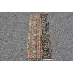 Tapis en laine turque vintage 1.5 x 3.6ft bleu et beige Patchwork Design technique de tissage plat pour les décorations de salon - Product Image 1