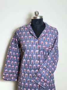 Chemise de nuit imprimée en coton pour femme bleu à motif arbre rose - Product Image 4