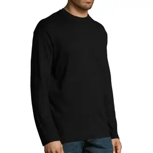 Black Color Long Sleeve Neck Level Private Label Printing Logo Crew Neck Tee T Shirt