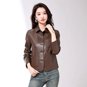 Veste en cuir PU réversible pour femmes pour automne hiver fermeture à bouton unique Style Moto Logo avant bouton décoratif solide - Product Image 1