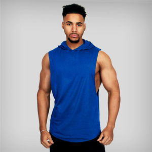 <b>Men's</b> high-quality blank <b>T</b>-<b>shirt</b> featuring a custom logo, <b>curved</b> <b>hem</b>, and cropped sleeveless hoodie design, ideal for gym wear - Product Image 3