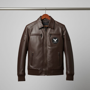 Premium Coated Canvas <b>Leather</b> Bomber <b>Jacket</b> with Stand Collar Classic Zip-Up Design & Contrast Sleeves-Winter Ready - Product Image 1