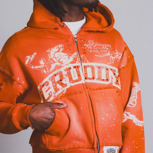 Sweat-shirt personnalisé 100% coton, broderie de patchs usés, impression DTG, strass colorés, ourlet brut délavé au soleil, couture, lavage à l'acide - Product Image 2