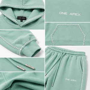 Ensemble de survêtement d'hiver ONEAPEX SPORTS WEAR pour femme, vert menthe, avec strass, sweat à capuche court et pantalon large, streetwear, qualité supérieure, épais - Product Image 6