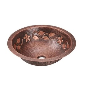 Lavabo/lavabo de baño de granja de cobre puro con forma redonda antigua con material metálico de diseño en relieve de flores - Product Image 1
