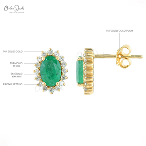 Solid 14k Yellow <b>Gold</b> 0.80 TCW Natural <b>Emerald</b> Gemstone Pave Set Halo Studs <b>Earrings</b> Wedding/Anniversary Vendor in India - Product Image 4