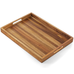 Plateau de service en bois d'acacia avec poignées, grand plateau en bois, plateau rectangulaire décoratif pour table basse - Product Image 4