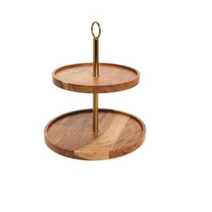 Nouveau support à gâteaux et desserts en bois à deux niveaux, forme arrondie, finition noyer, pour ustensiles de cuisine et accessoires décoratifs - Product Image 1