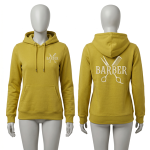 Sweat à capuche unisexe pour barbier, 320 GSM, coton et polyester, jaune moutarde, logo brodé personnalisé, vêtements de salon haut de gamme - Product Image 1
