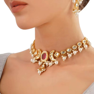 Ensemble de bijoux de mariée en laiton plaqué or de style ethnique Polki avec zircon, collier décoratif, boucles d'oreilles, pour les fêtes de mariage et les occasions festives - Product Image 1