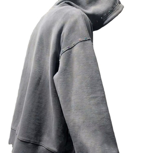 Sudadera Corta Cuadrada con Lavado Ácido y Logotipo Personalizado para Hombre, Cierre Invertido Desgastado con Bordado Desteñido por el Sol, Capucha Doble - Product Image 3