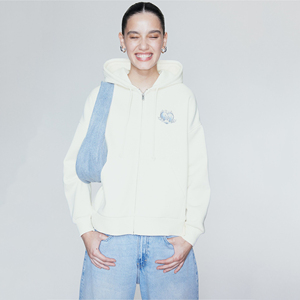 Women's Cream <b>Zip</b>-Up Hoodie With Embroidered Logo Casual Sweatshirt Regular Fit Full Sleeve Knitted Cotton Autumn Wear - Product Image 1