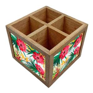 Modern Floral Enamel Printed Handmade <b>Stackable</b> Wooden Cutlery Holder 4 Compartment Tabletop Utensil Organizer <b>Box</b> for Spoon - Product Image 2