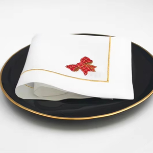 Tovagliolo in Lino Personalizzabile 60x60cm con Nastro Rosso Natalizio Ricamato e Bordo Decorato per <span class=keywords><strong>Natale</strong></span> - Product Image 2