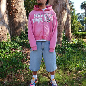 Fábrica nueva personalizada Vintage lavado peso pesado algodón francés Terry sudaderas con capucha doble cremallera hombres cristal Rhinestone Sudadera con capucha - Product Image 4