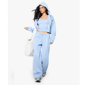 Ensemble de survêtement en molleton de coton pour femmes, sweat à capuche court zippé et pantalon de survêtement à jambes larges, vêtements de rue personnalisés, vente en gros - Product Image 1