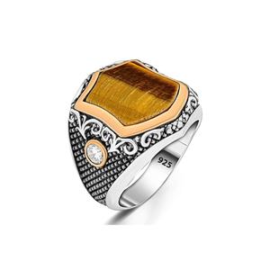 Anello da uomo in argento sterling 925 con pietra occhio di tigre, design elegante e affascinante con dettagli in zircone! - Product Image 3