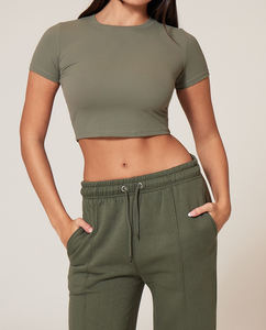 Top corto de punto de manga corta para mujer, ropa deportiva de entrenamiento transpirable para gimnasio y Yoga, camisa atlética elástica para Fitness - Product Image 4