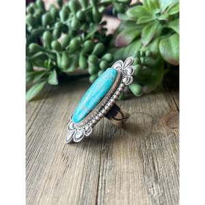 Turquoise Mountain <b>Sterling</b> <b>Silver</b> <b>Adjustable</b> <b>Ring</b> Boho Geometric Bezel Set Natural Stone - Product Image 4