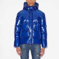 Veste à capuche matelassée bleue pour homme Hiver Automne Fermeture à glissière Toile unie OEM Traitement fini à bas taux