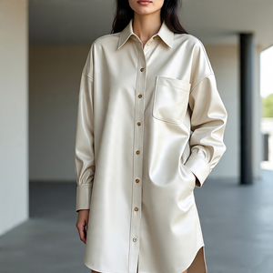 เสื้อหนังแกะวัวแขนยาวมีกระเป๋าหน้าอกสำหรับผู้หญิง, เสื้อครอปไซส์ใหญ่ - Product Image 3