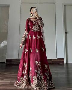 Faux Georgette With Heavy Embroidery Sequence <b>Work</b> with Full Sleeve and Fully 3 Meter Flair Ready to Wear With Attached <b>Cup</b> - Product Image 1