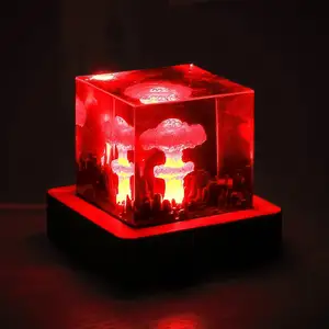 ใหม่ Creative USB ไม้ฐานไฟ LED เรซิ่น Cube 3d เห็ดเมฆระเบิดนิวเคลียร์โคมไฟตั้งโต๊ะ LED โคมไฟตั้งโต๊ะไฟกลางคืน