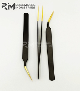 Pinzas para Pestañas RMI al por Mayor, Personalizadas con Logotipo en Color, de Acero Inoxidable con Punta de Fibra Dorada Resistente, Negras - Product Image 5