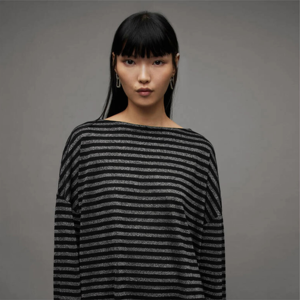 Pull tricoté rayé oversize pour femme, col rond, épaules tombantes, manches longues, coupe ample, anti-boulochage, longueur intégrale, 100 % acrylique - Product Image 4