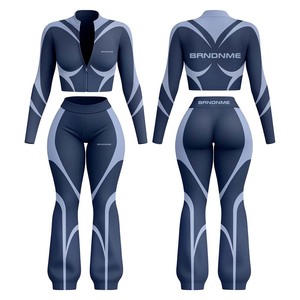 Premium 240 GSM Nylon Spandex Women T Shirt Legging Set Blue Contrast Panel Workout Wear Custom <b>Heat</b> Transfer Logo Women's Sets - Product Image 1