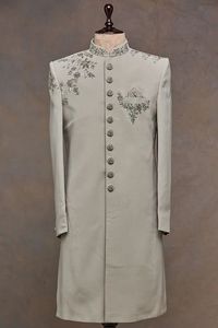 BEAUTIFUL EMBROIDERY on LIGHT GREY SHERWANI,KURTA & <b>PANT</b> WITH MATCHING SHOE WITH EMBELLISHED CRYSTAL GLASS BEADS,DABKA WORK@2024 - Product Image 2