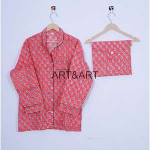 Ensemble de pyjama en tissu imprimé de blocs de main en coton vêtements de nuit et de vacances pour femmes ensemble de chemise et de pantalon de pyjama à manches longues nouvel arrivage - Product Image 6