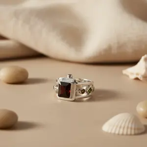 925 <b>Silver</b> Geometric Gemstone <b>Ring</b> for Women Statement Platinum Jewelry with Rhodium Plated Garnet Fine Plain <b>Ring</b> for <b>Men</b> - Product Image 1
