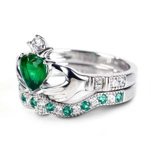 Jeulia <b>Crown</b> Heart Cut Sterling Silver Claddagh Wedding <b>Ring</b> Set - Product Image 2
