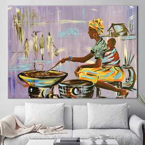 Lienzo de arte nigeriano auténtico: Impresión de Madre Africana Cocinando, 1P: Enmarcado tipo galería - Product Image 1