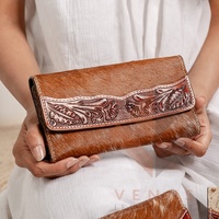 Dompet kulit asli untuk wanita, dompet kulit sapi asli kelas atas buatan tangan untuk hadiah panjang ukiran Tooled