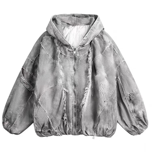 Sudaderas con capucha para hombre desgastadas de alta calidad, con apliques de parche bordado 500gsm, sudaderas con cremallera de algodón de rizo francés de lavado ácido de gran tamaño - Product Image 4