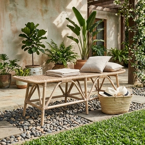 New Modern Minimalist Rhodes III Kuboo Rattan <b>Bench</b> Natural Cane Frame Woven Grey Rattan Long <b>Bench</b> Dining Living Room Patio - Product Image 2