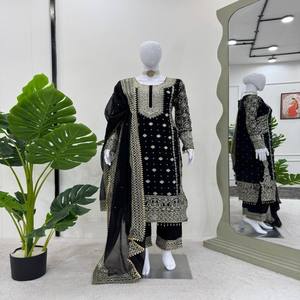 Conjunto de traje de fiesta Georgette de imitación de diseñador para mujer Top completamente cosido y Pantalón elástico con Dupatta de trabajo pesado - Product Image 3