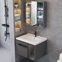 Meuble-lavabo mural gris pour salle de bain avec porte en verre côtelé et vasque en céramique